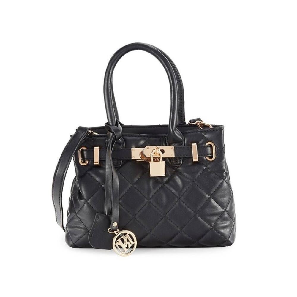 NWT Badgley Mischka Mini Tote Crossbody Bag Black Quilted Gold Padlock